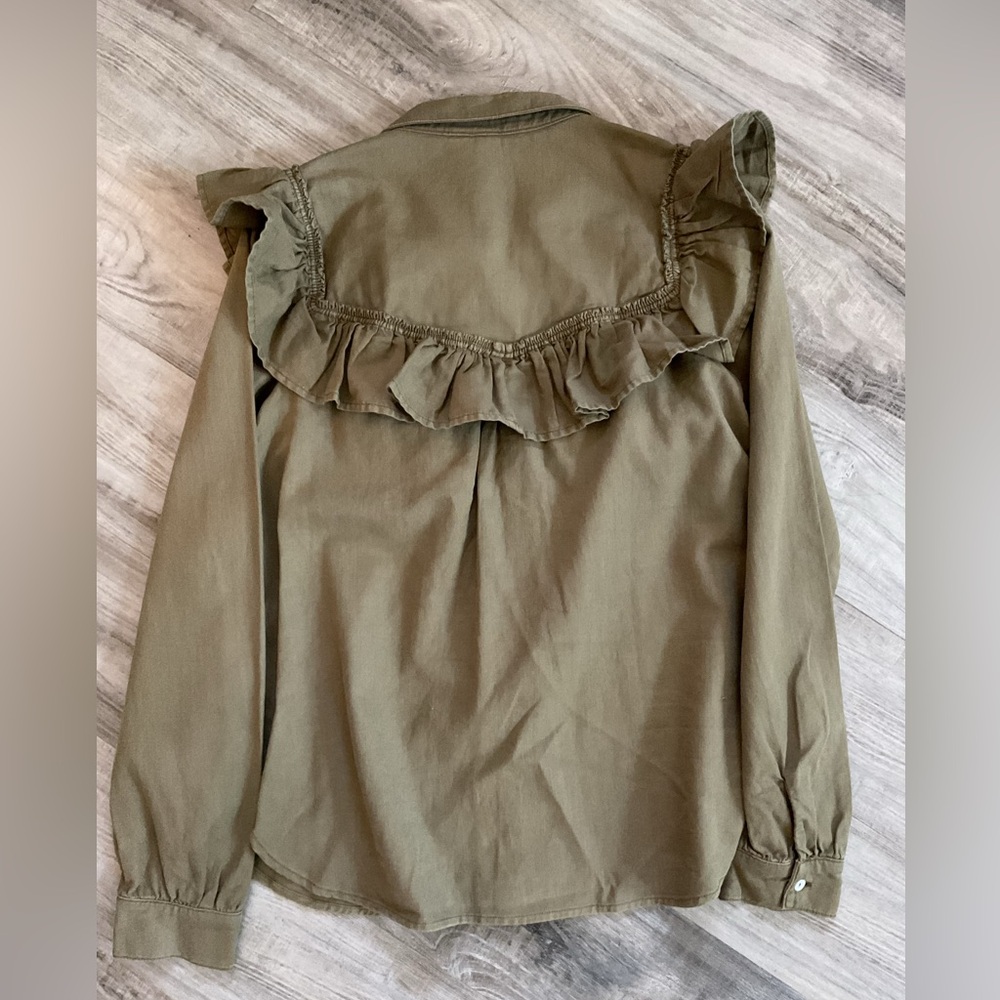 ANTHROPOLOGIE Pilcro Ruffle Button Down Blouse Top Green Small - Picture 6 of 6